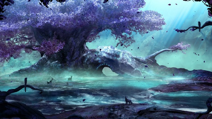Fantasy landscape with a large tree and animals