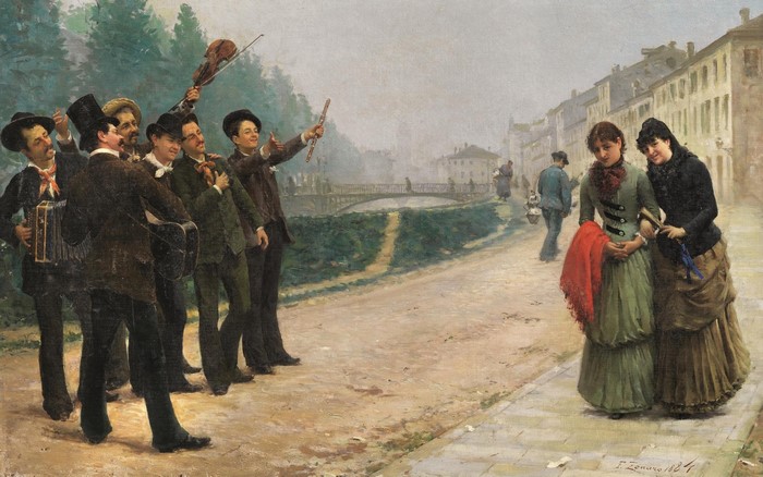 Musicians serenading women by a canal in a town