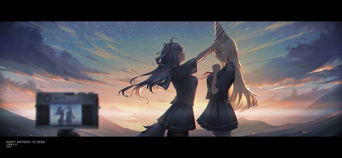 Anime girls celebrating birthday at sunset with camera