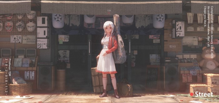 Anime girl with guitar in front of a shop
