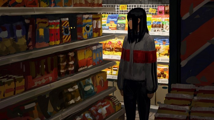 Woman in convenience store aisle