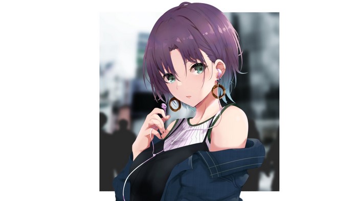 Anime girl with purple hair and earphones