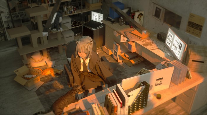 Anime girl with cats in a cluttered room with computers