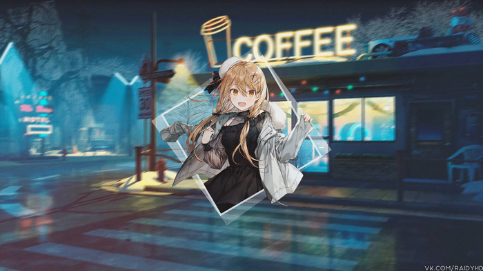 Anime girl in front of a coffee shop at night