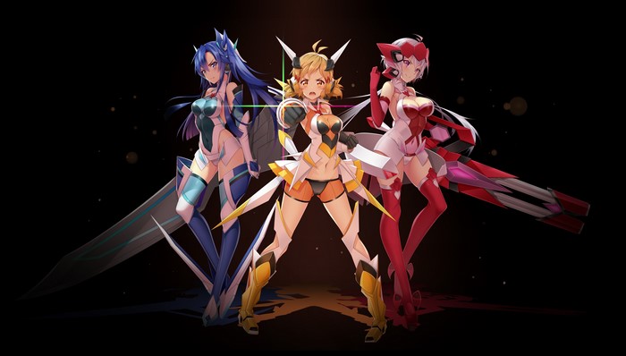 3 girls from Senki Zesshou Symphogear with weapons