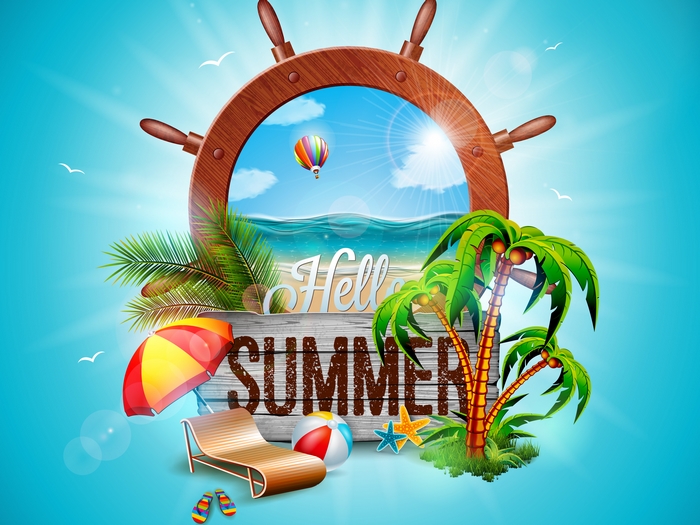 Hello Summer with a Ship Wheel and Beach Scene