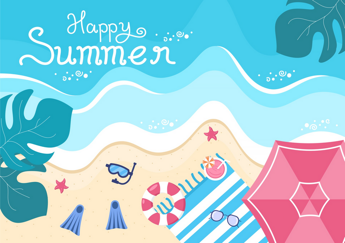 Happy Summer Beach Scene with Tropical Leaves