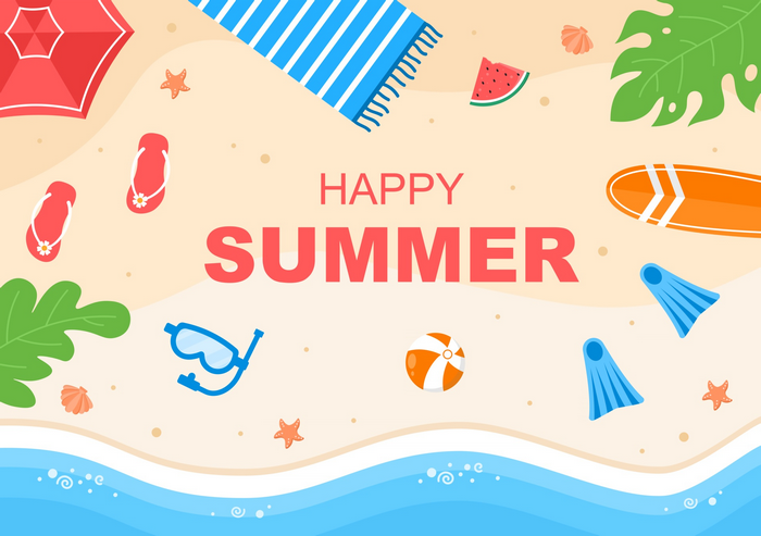 Happy Summer Beach Scene with Summer Items
