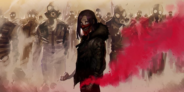 Girl with mask and gas mask crowd with red flares