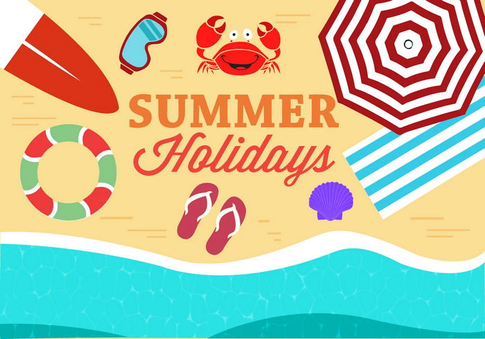 Summer Holidays Beach Scene with Umbrella and Surfboard