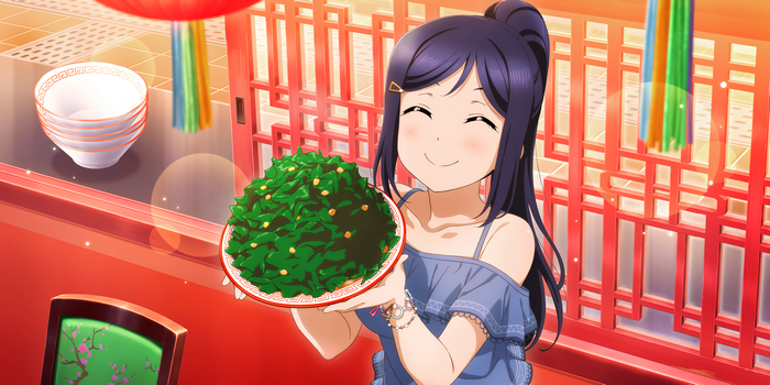Matsuura Kanan from Love Live! Sunshine!! holding a dish of food