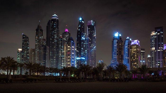 Dubai cityscape at night with illuminated skyscrapers and palm trees