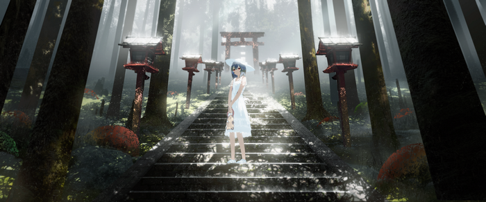 Anime girl in white dress on stairs with torii gates