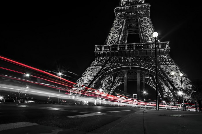 Eiffel Tower at Night with Light Trails