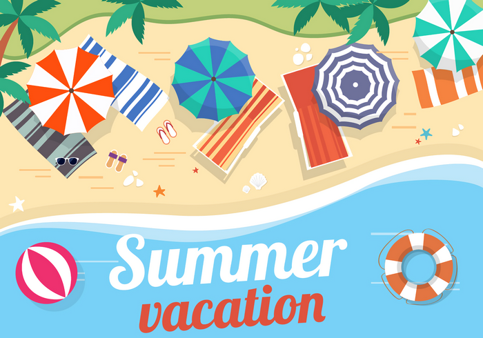 Summer Vacation Beach Scene with Umbrellas and Beach Ball