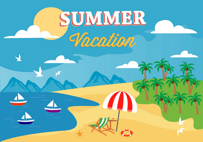 Summer Vacation Beach Scene with Palm Trees and Sailboats