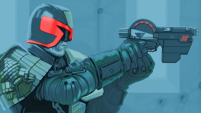 Judge Dredd holding a Lawgiver weapon