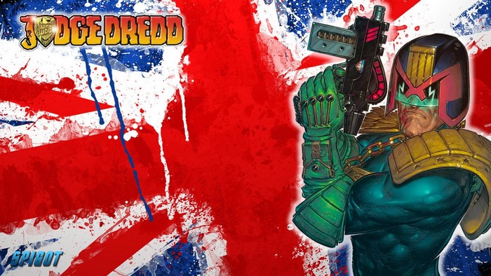 Judge Dredd from Judge Dredd holding a weapon in front of Union Jack
