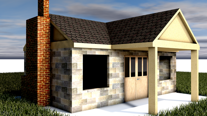 3D rendered house with brick chimney and porch