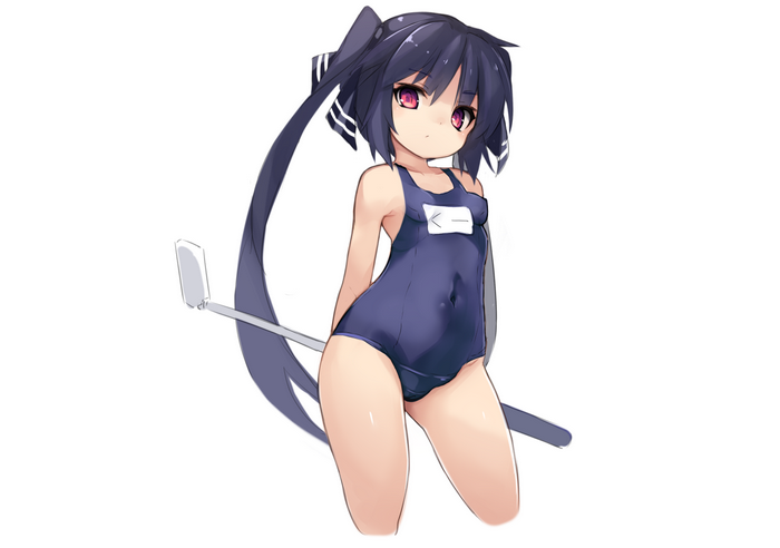 Anime girl with twintails in a swimsuit holding a selfie stick