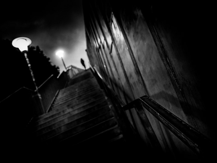 Monochrome night scene of outdoor stairs with streetlights