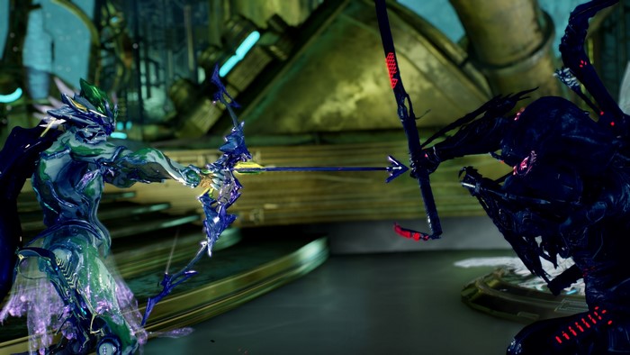 Ash from Warframe in a duel with a dark enemy