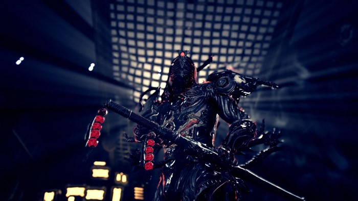 Warframe character with sword in dark setting