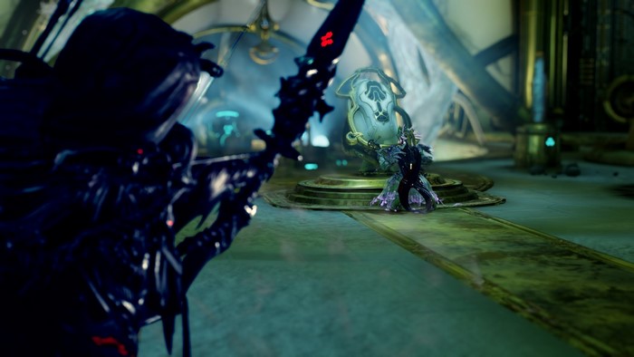 Assassin aiming a bow at an enemy in a futuristic room