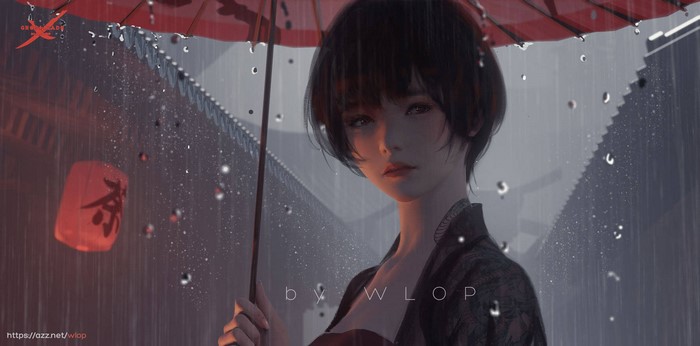 Girl with umbrella in the rain by WLOP