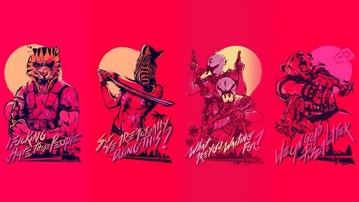 Hotline Miami characters with animal masks and weapons