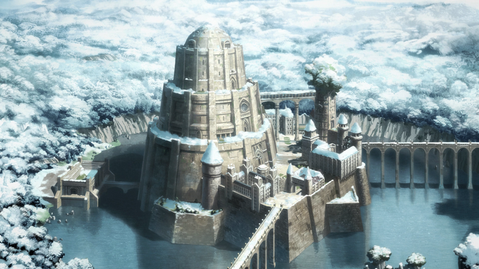 Anime castle in a snowy landscape