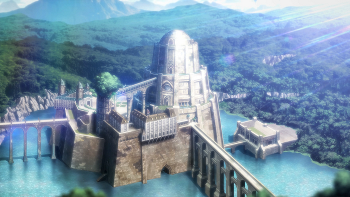 Anime castle by a lake with mountains