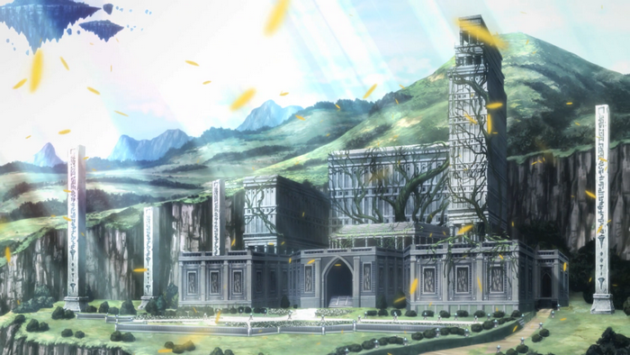 Anime castle with floating islands and mountains