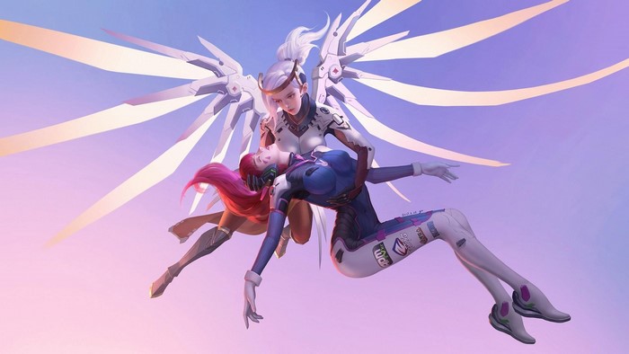 Mercy holding D.Va from Overwatch