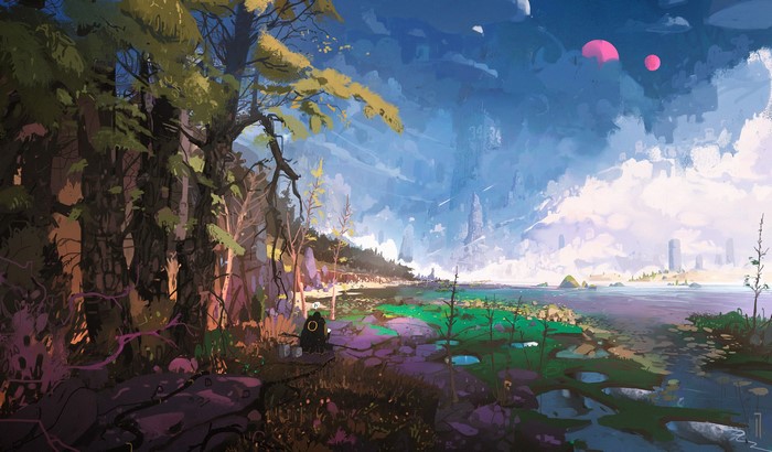 Futuristic landscape with floating planets and city