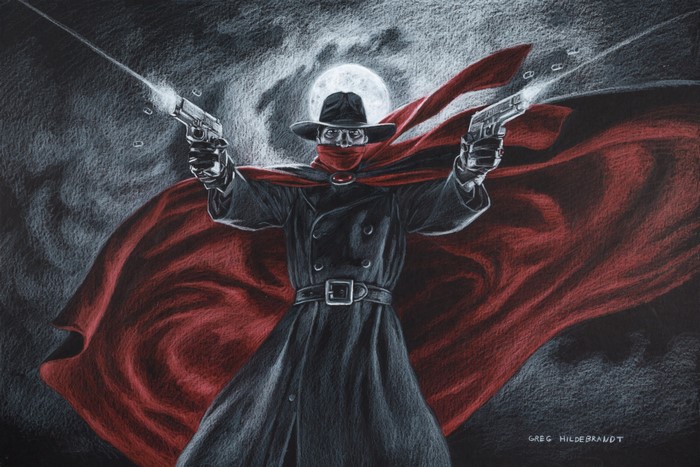 The Shadow with dual pistols and red cape