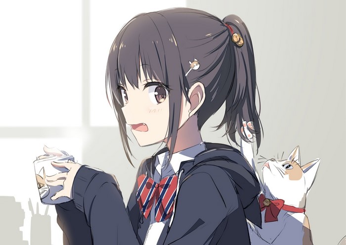 Anime girl with a cat and a mug