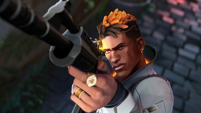 Phoenix from Valorant aiming a rifle