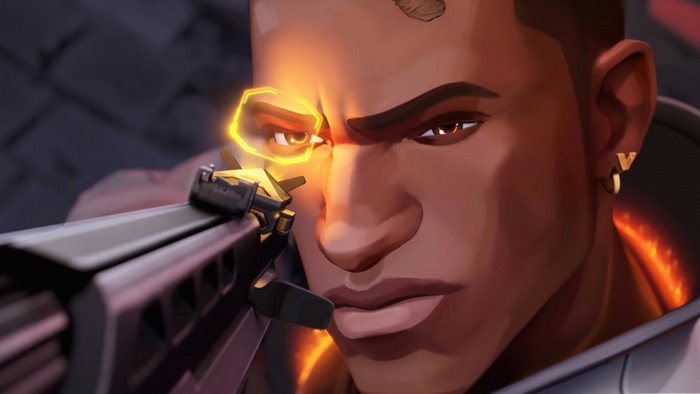 Phoenix from Valorant aims a gun