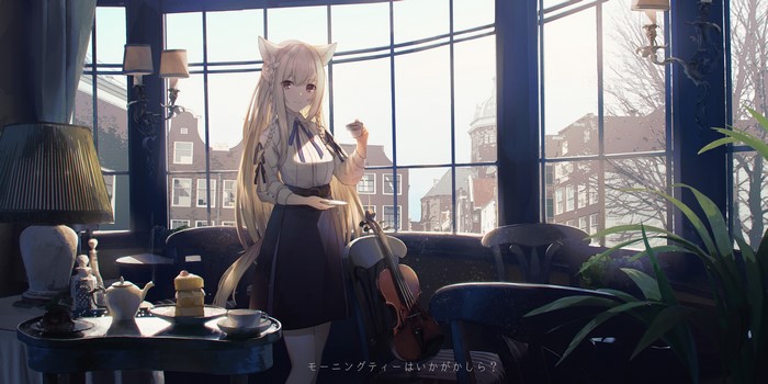 Anime cat girl with violin and tea