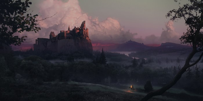 Fantasy castle on a cliff with a horse and rider at dusk