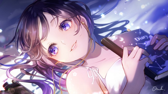 Anime girl with purple eyes holding a diary