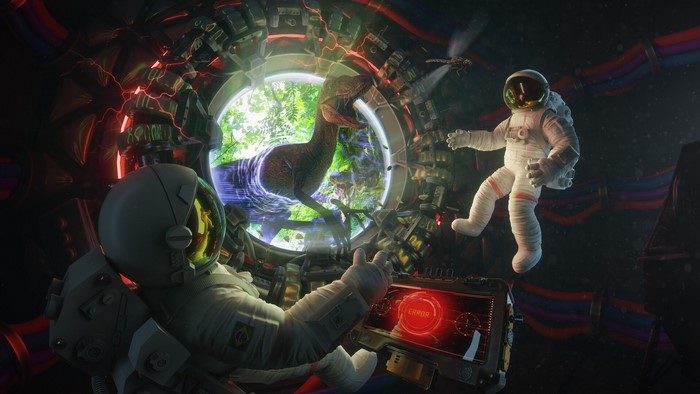 Astronauts encounter a dinosaur through a portal