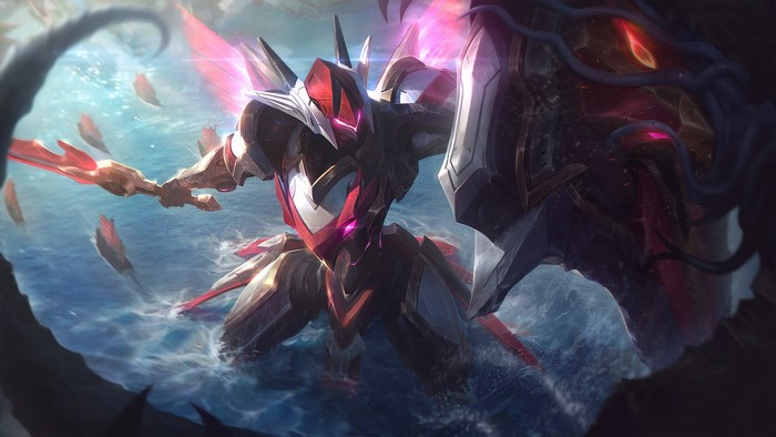 Mecha Leona from League of Legends with sword and shield in water