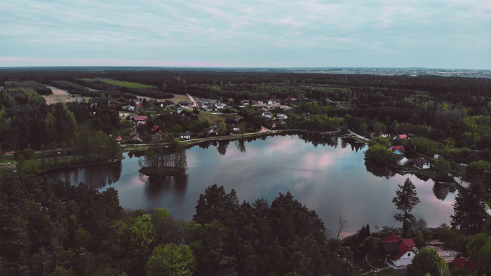 Aerial view of a village by a lake surrounded by forests