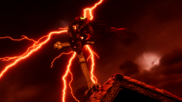 Spawn sits on a cross during a lightning storm