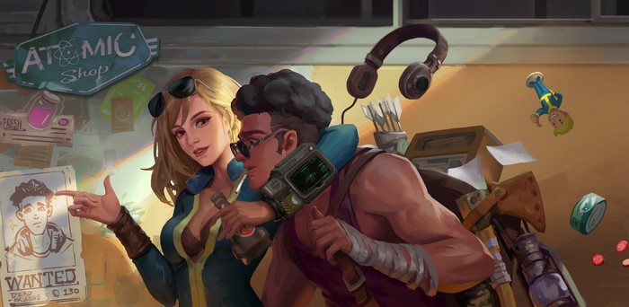Fallout 76 artwork featuring two characters and a wanted poster
