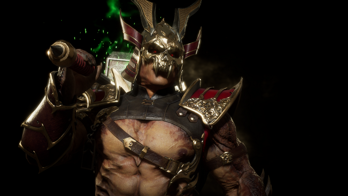 Shao Kahn with a weapon and green energy