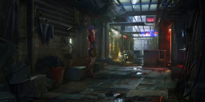 Woman in a futuristic alleyway with neon lights