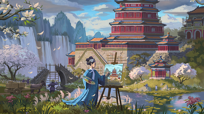 Asian landscape painting with artist and traditional architecture